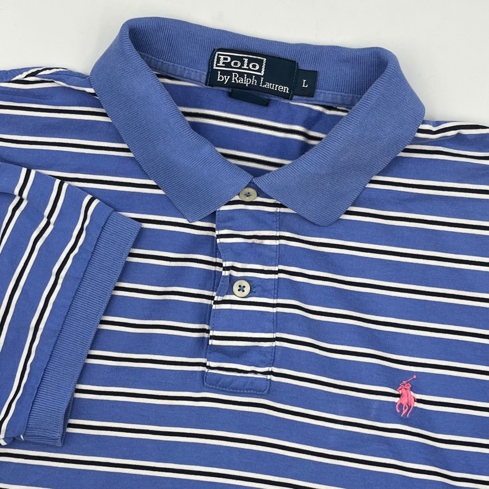Polo Ralph Lauren Striped Polo Shirt Blue Pink Pony Logo Mens Size L